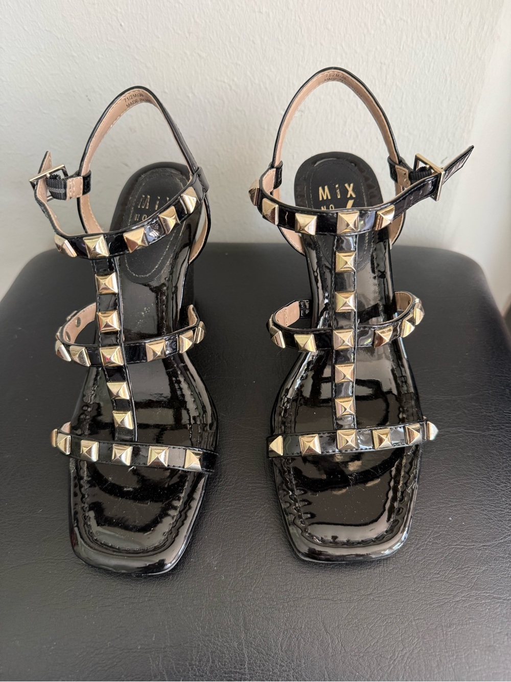 Mix No. 6 Black Patent Studded T-Strap Heels